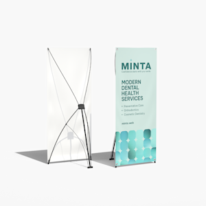The front and back of an X-banner promoting a dentist. 