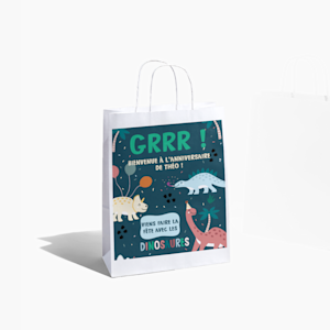 Deux sacs de fête sur le thème des dinosaures à une fête d’anniversaire d’enfant.