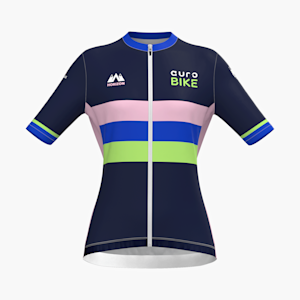 Maillot de cyclisme pour femme entièrement personnalisable faisant la promotion d’une entreprise de cyclisme avec un graphisme à l’avant.