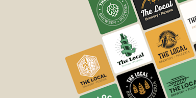 A series of different logo designs for the brand “The Local, Brewery & Pizzeria”, arranged in a collage. 