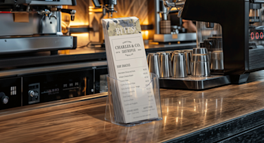 Flat menus for a gastropub, sitting on the bartop in a clear plastic display.