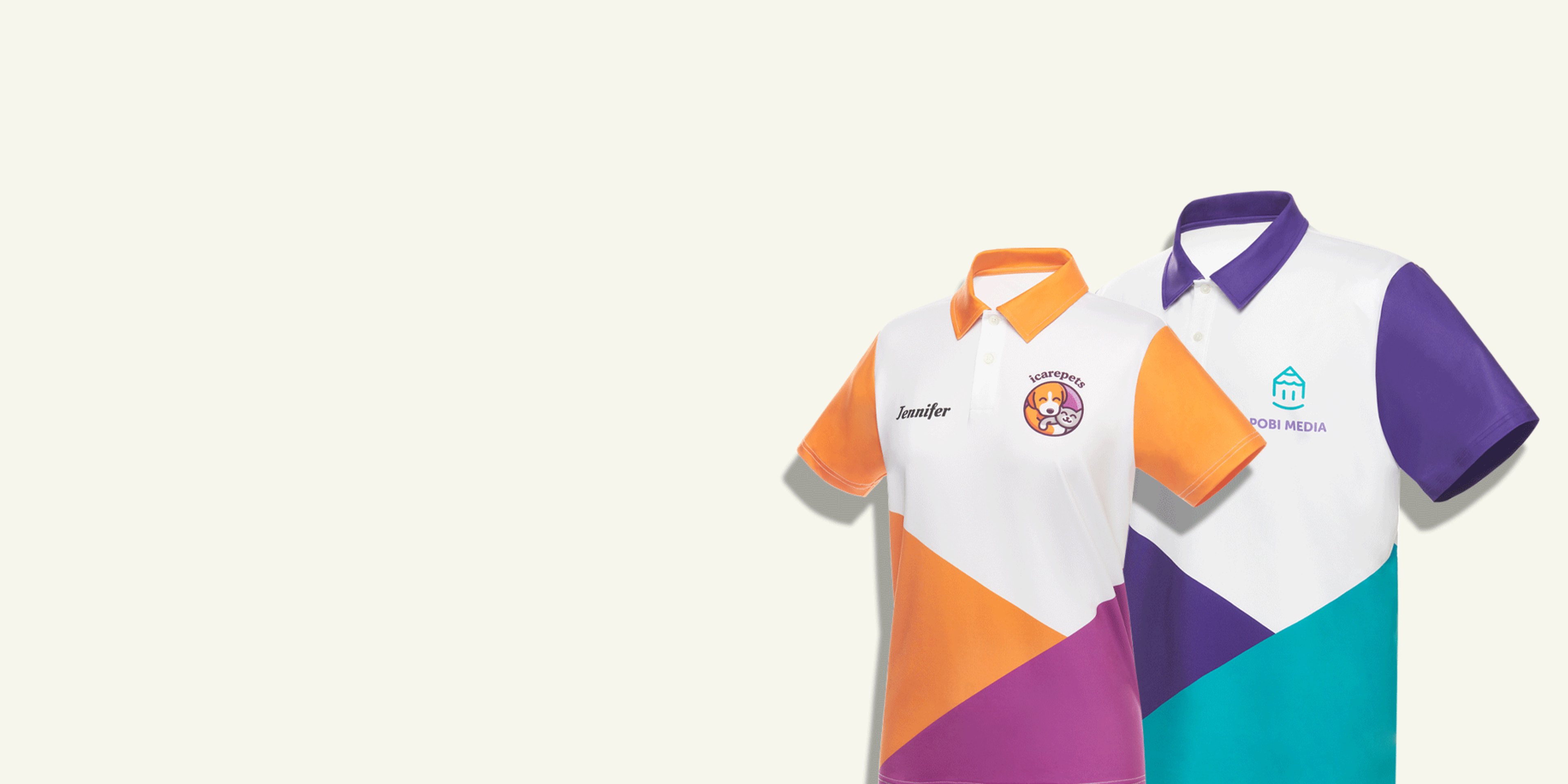 Two full custom polo shirts promoting a bowling business.