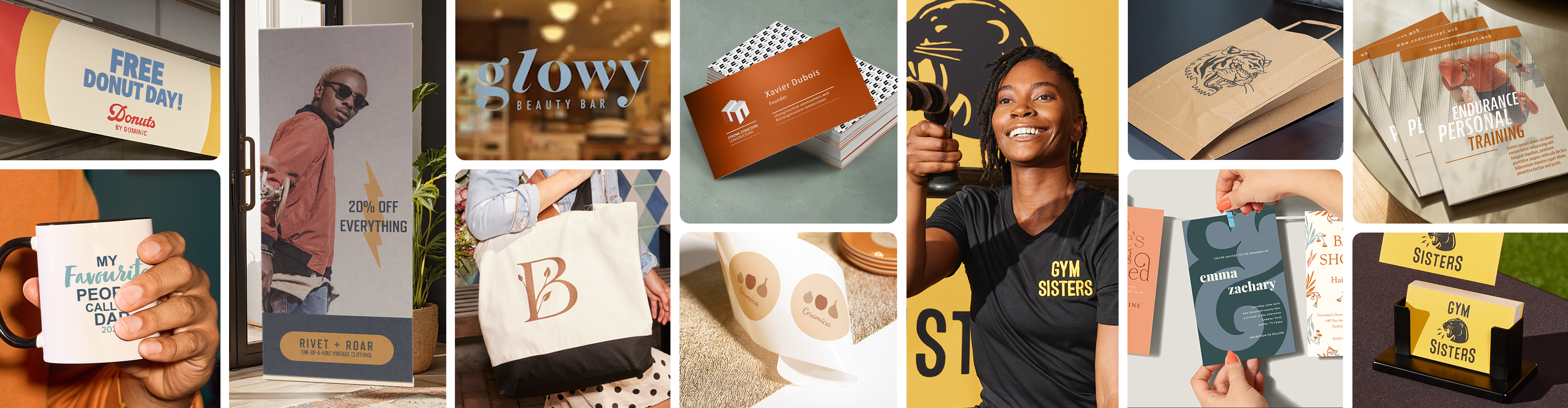 A range of custom products including T-shirts, mugs, business cards and paper bags.