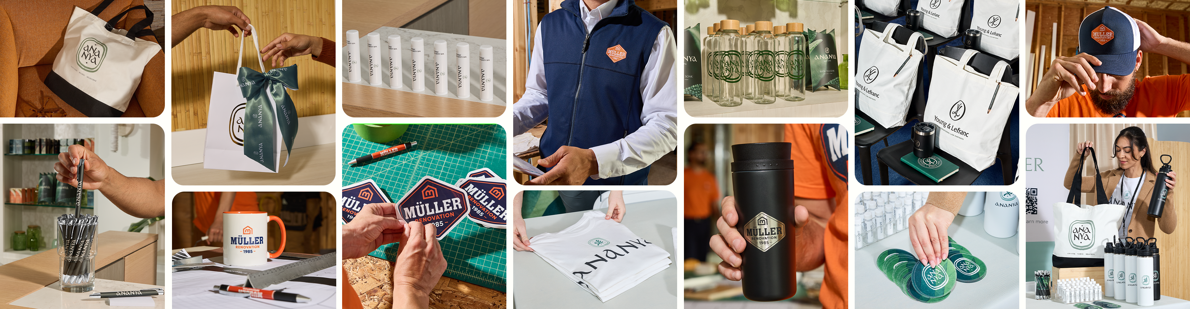 Photo collage of promotional products for business gifts, including drinkware, stickers, T-shirts, tote bag and paper bags.
