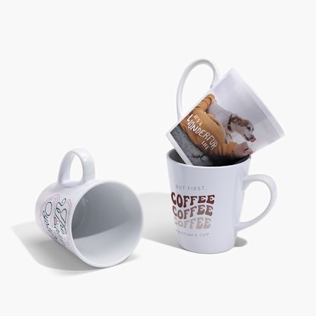 Three conical mugs side by side. One features a large wraparound design of a pet photo, while the others feature typographic designs.