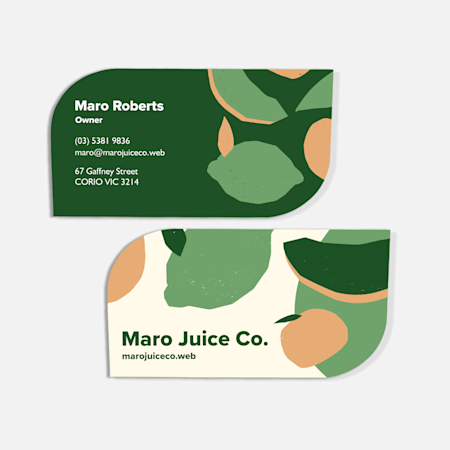 Leaf shaped business cards promoting a beverage business, with an illustrated logo on the back.