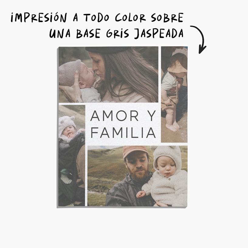 Una manta sudadera personalizada con fotos familiares, con una nota que dice "impresión a todo color sobre una base gris jaspeado".