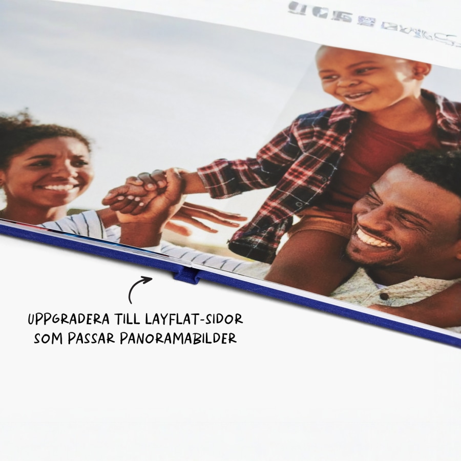 Tre fotoböcker staplade ovanpå varandra. Den första har ett omslag med foto, den andra ett omslag i svart skinn och den tredje ett omslag i linne. 