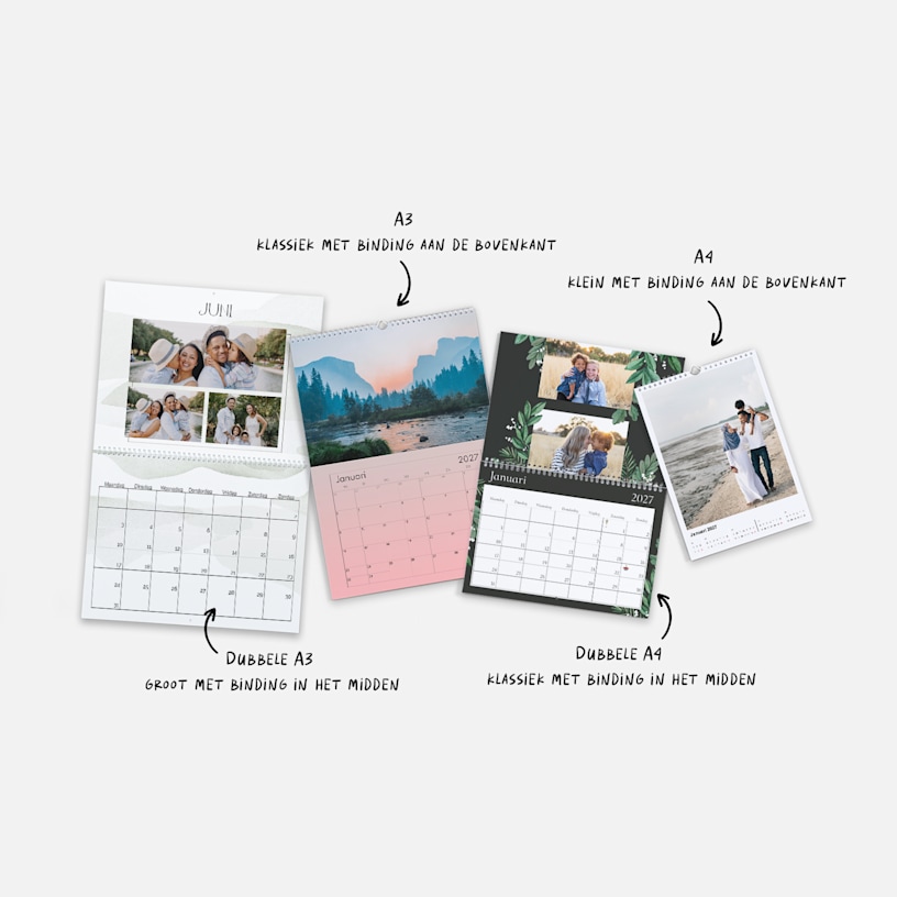 Verschillende wandkalenders met gepersonaliseerde foto's, in verschillende formaten en ontwerpen. In de opmerkingen staan de verschillende formaatopties. 