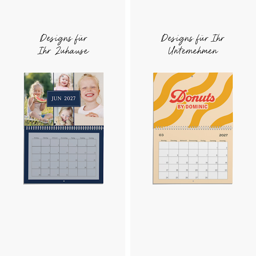 2 personalisierte Wandkalender 2026 mit Fotos. Es wird auf die Vielseitigkeit der privaten oder geschäftlichen Nutzung hingewiesen. 