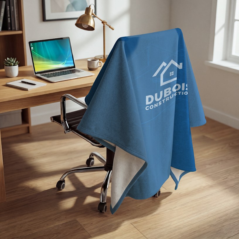 A blue custom sweatshirt blanket personalized for a business called Dubois Construction.
