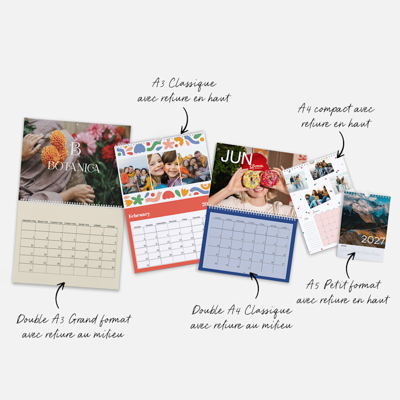 Calendriers muraux personnalisés de différents formats et graphismes. Une note met en avant les différents formats de calendrier mural VistaPrint. 