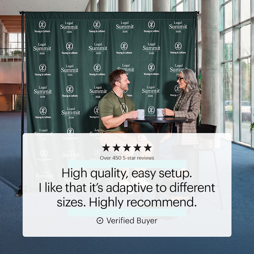  A man and a woman having coffee in front of a step & repeat banner with a logo and business name printed all over it. A customer review reads: “High quality, easy setup. I like that it’s adaptable to different sizes. Highly recommend.”