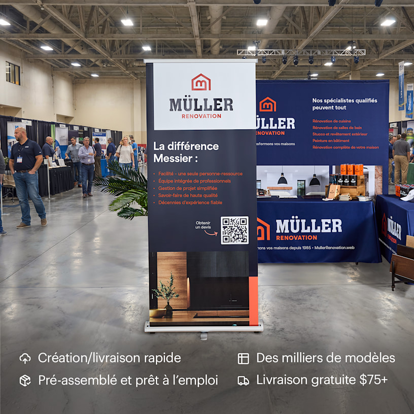 Banderole rétractable conçue pour une entreprise de décoration intérieure, installée dans un cadre moderne et minimaliste.