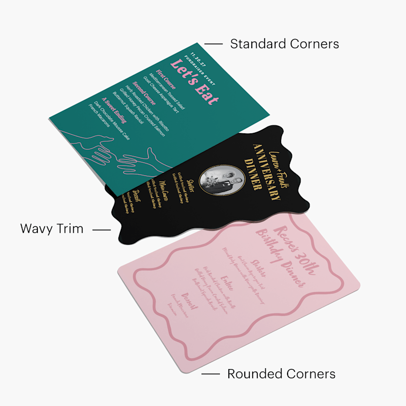 Three event menu templates displayed together to showcase standard corners, a wavy trim and rounded corner finish options.