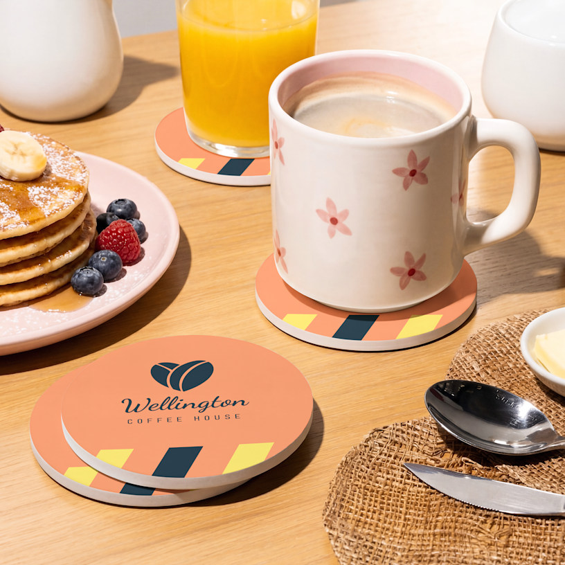 A square ceramic coaster set customized for a cafe.  