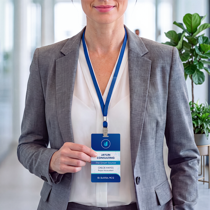 An ID badge for a professional event or corporate use, worn on a blue lanyard.