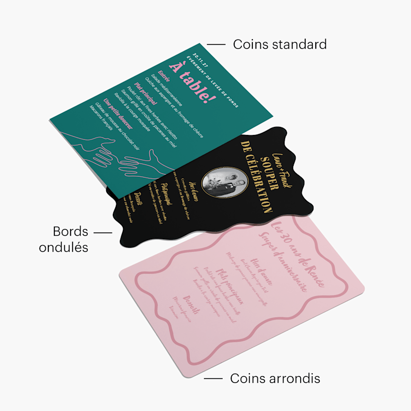 Trois modèles de menus d’événement présentés ensemble pour montrer les options de coins standards, de bordure ondulée et de coins arrondis.