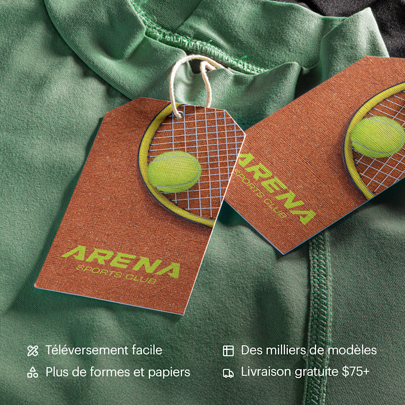 2 étiquettes à fil faisant la promotion d’un club de sports, attachées à des vêtements avec une ficelle. Parmi les avantages : plus de formes et papiers, téléversement et création simplifiés, milliers de graphismes et expédition gratuite.
