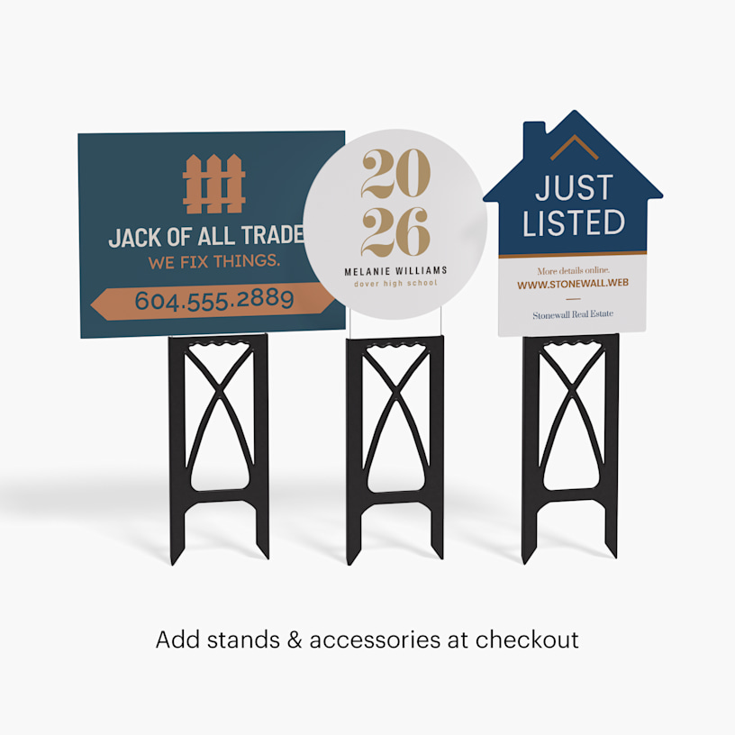 3 different shaped yard signs on black plastic stands.