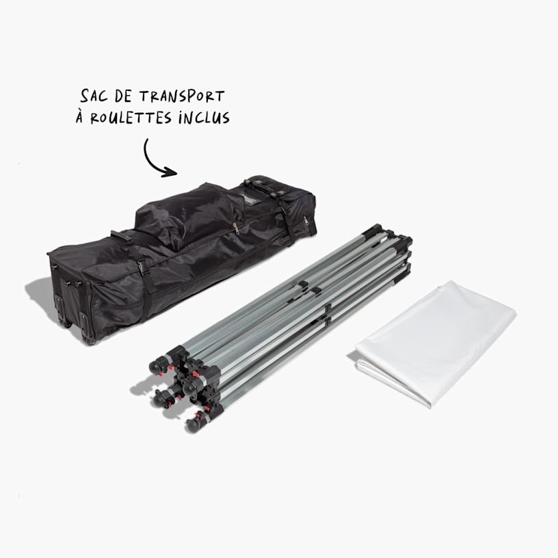 Ensemble des pièces nécessaires à l’installation de la tente publicitaire.