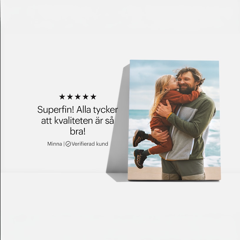 En tryckt kanvastavla med ett foto av en far och dotter på stranden samt en kundrecension: ”Superfin! Alla tycker att kvaliteten är så bra!” 