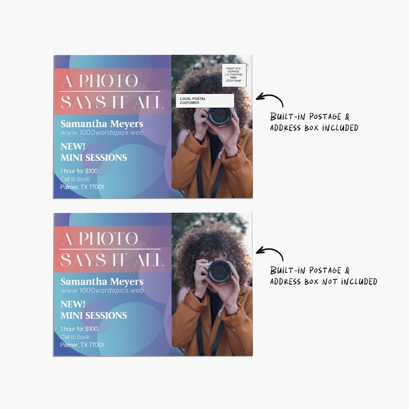 2 identical EDDM postcards from a photographer, with one featuring a built-in postage and address box and one without, with notes pointing out that one has this built-in feature and the other does not.