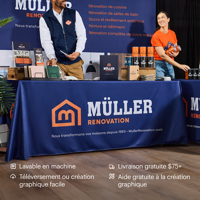 Une nappe personnalisée faisant la promotion d’une entreprise de rénovation résidentielle. Principaux avantages : lavables en machine, simplicité du processus d’importation et de création graphique (avec assistance gratuite) et livraison offerte.