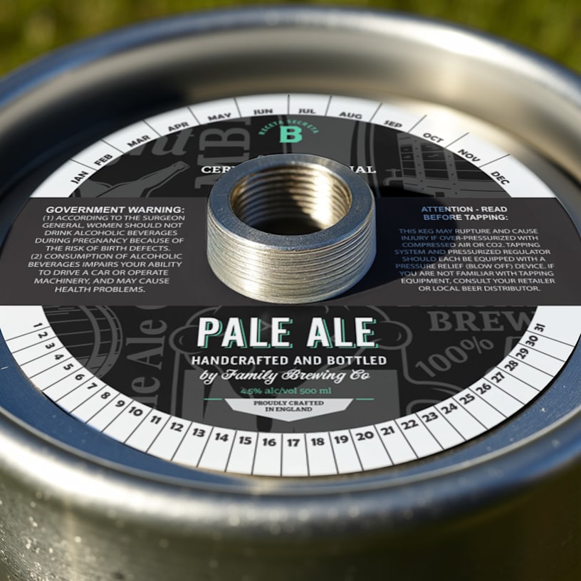 Un collarín de barril de cerveza pale ale que incluye una plantilla de advertencia del gobierno.