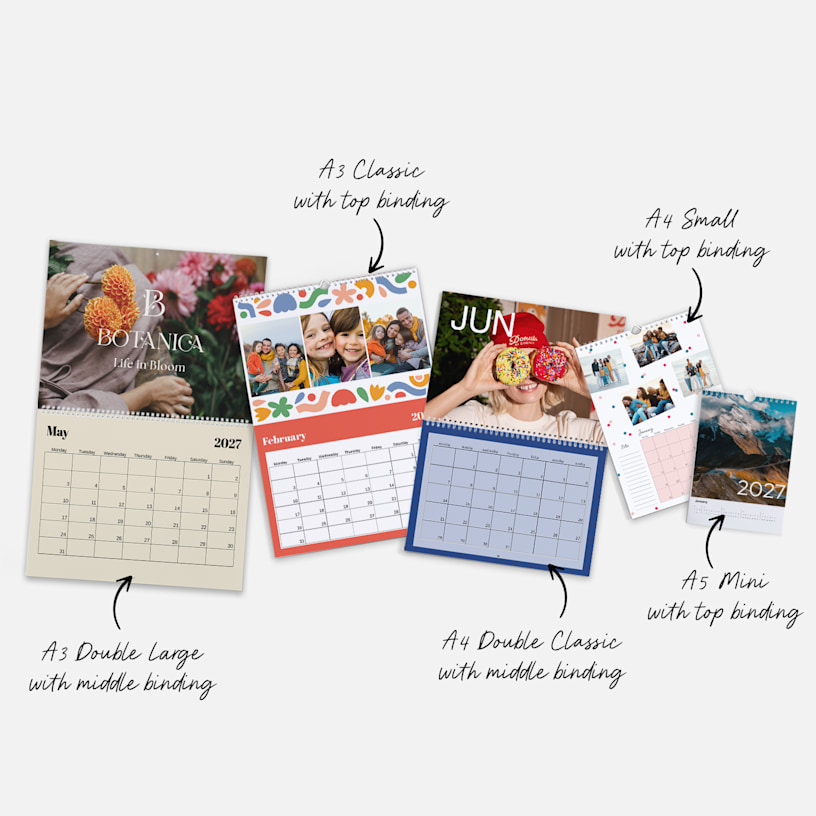A variety of wall calendars with personalised photos, in a variety of sizes and designs. Notes highlight different size options. 