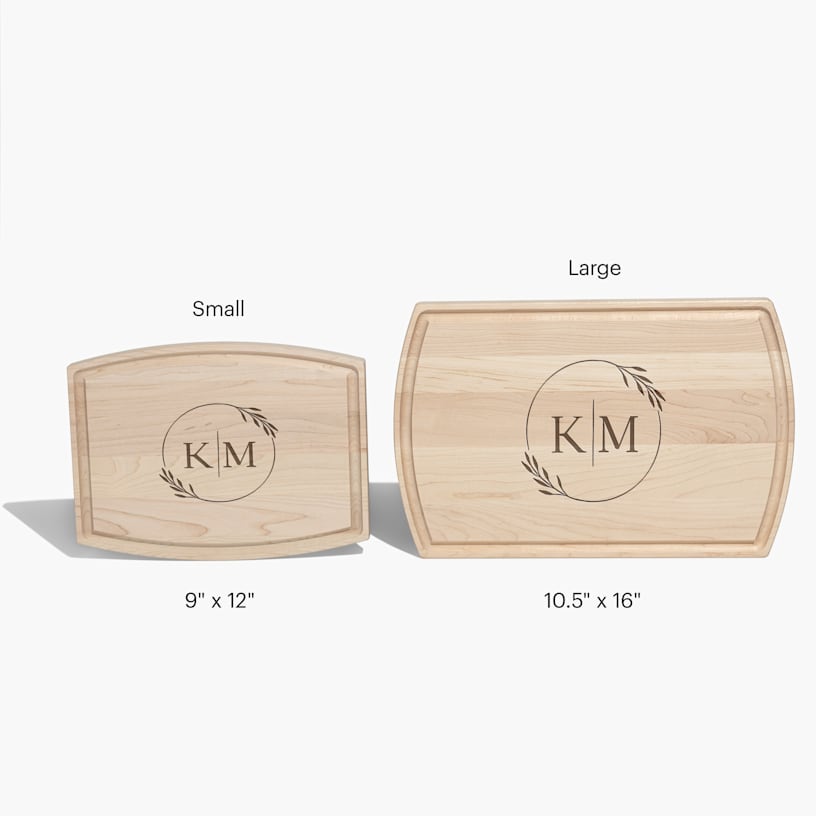 Two custom cutting boards labeled by their size; the small board is 9" x 12" and the large board is 10.5" x 16". 