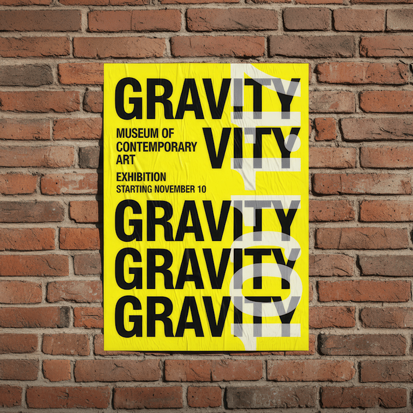 A bright yellow poster hanging on a brick wall promoting an art exhibition. Highlighted benefits include vivid printing, easy upload, more sizes and papers and fast, free shipping.
