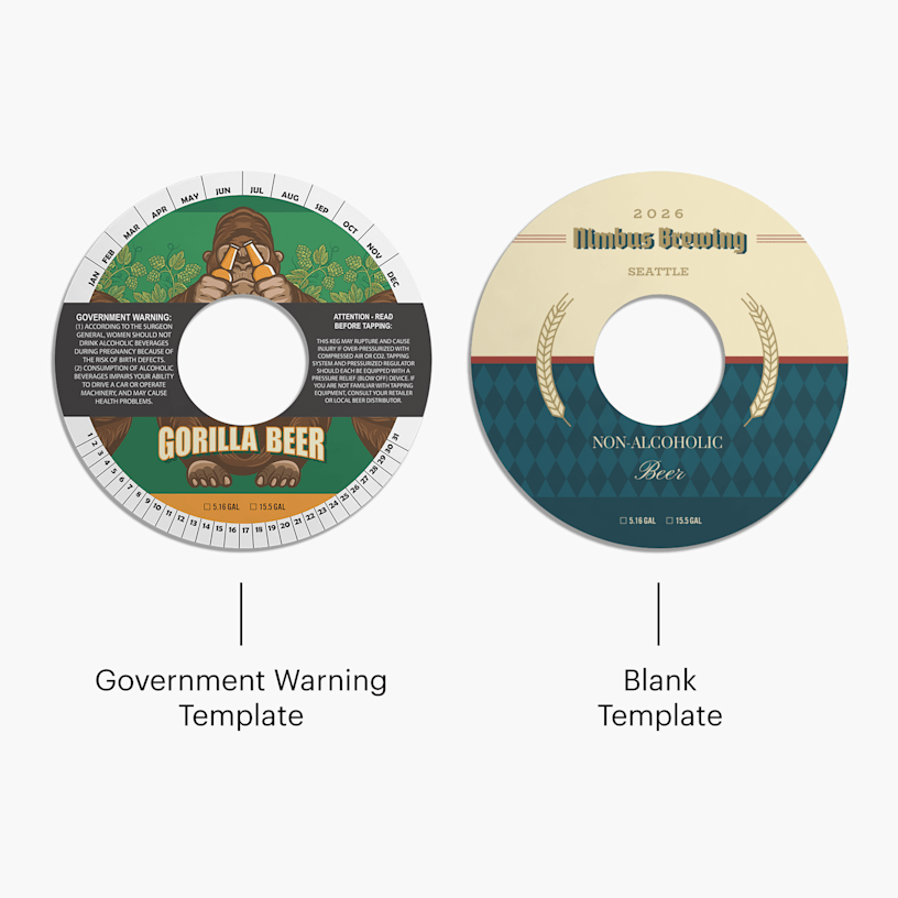 A government warning and blank keg collar template side-by-side.