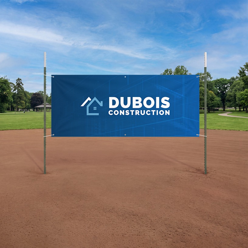 A blank banner held up by 2 6 ft T-Posts.