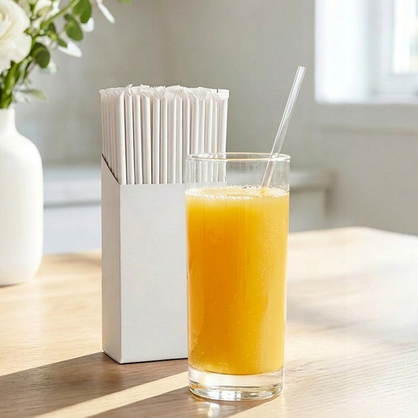 Una caja de pajillas envueltas individualmente detrás de un vaso de jugo de naranja con una pajilla transparente adentro.