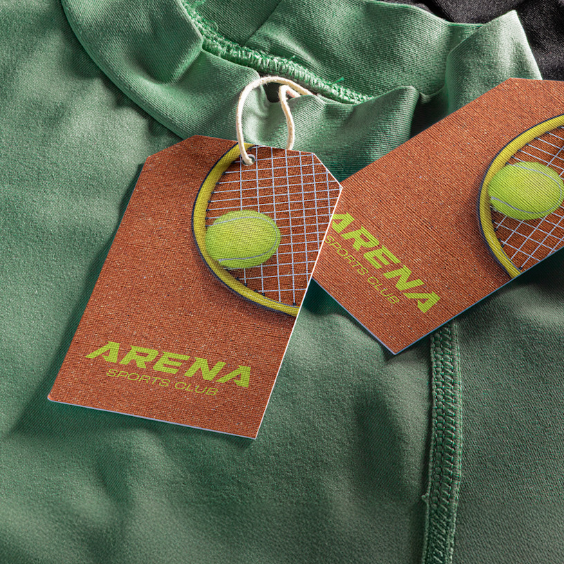 2 hang tags promoting a sports club tied with string around clothing. Highlighted benefits include more shapes & papers, easy upload & design, 1000s of designs and gree shipping.
