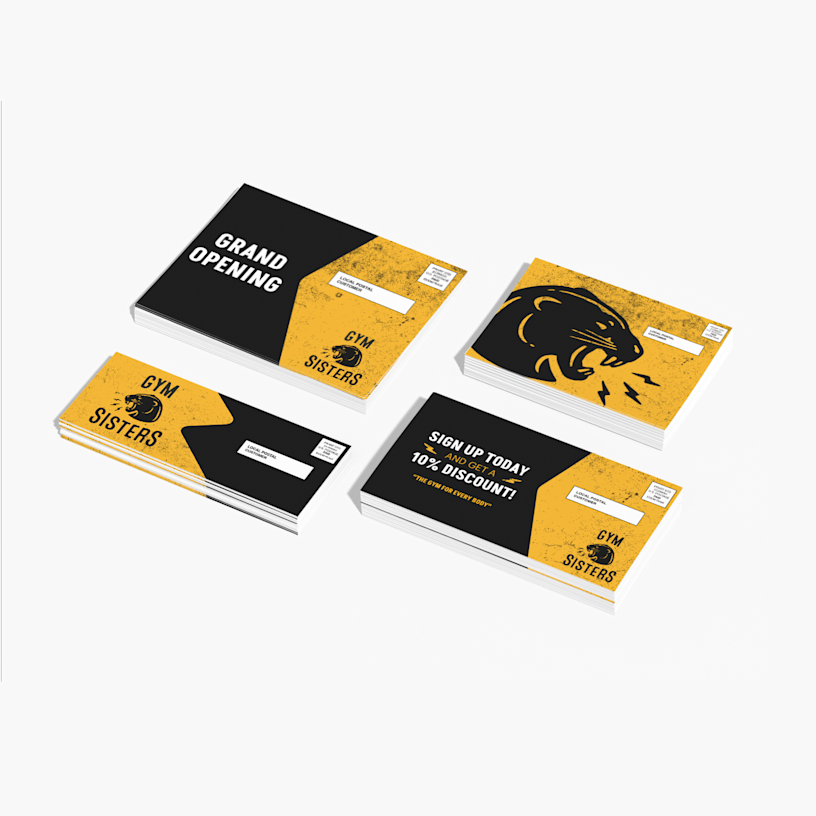 Four different sizes of Every Door Direct Mail postcards for a gym opening, displayed side by side.