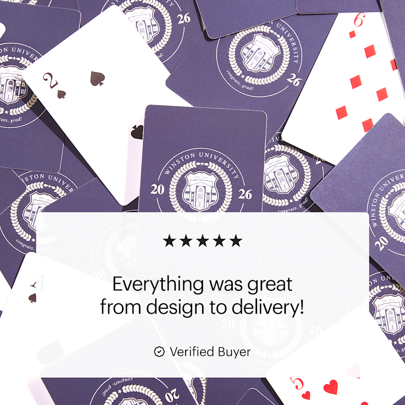 Custom playing cards featuring the logo of a university, with a custom review: “Everything was great from design to delivery!” 
