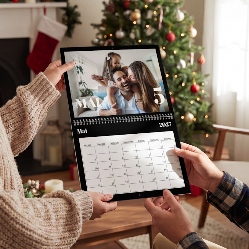 Eigener Fotokalender mit dem Bild einer Familie. Hinweise auf freie Wahl des Startmonats und Eintrag eigener Ereignisse.  