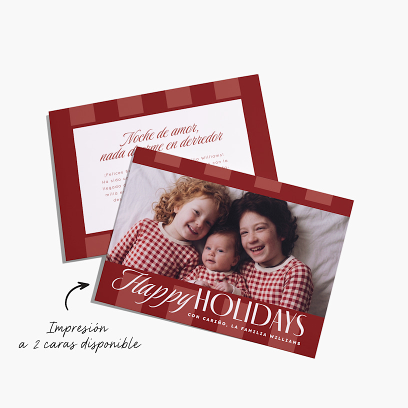 A painted edge holiday card featuring a picture of two kids and a baby, with a note that 2-sided printing is available. 