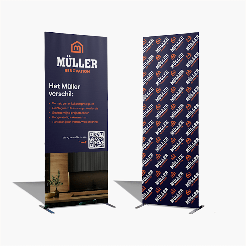 Twee buisframe bannerstandaarden die een duurzaam leerbedrijf promoten.