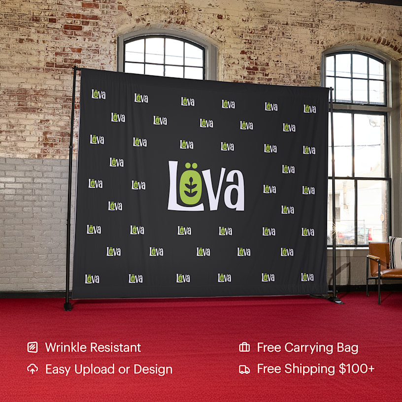 A step & repeat banner personalized for a business. Highlighted benefits include: wrinkle resistant, easy upload or design, free carrying bag and free shipping $100+.
