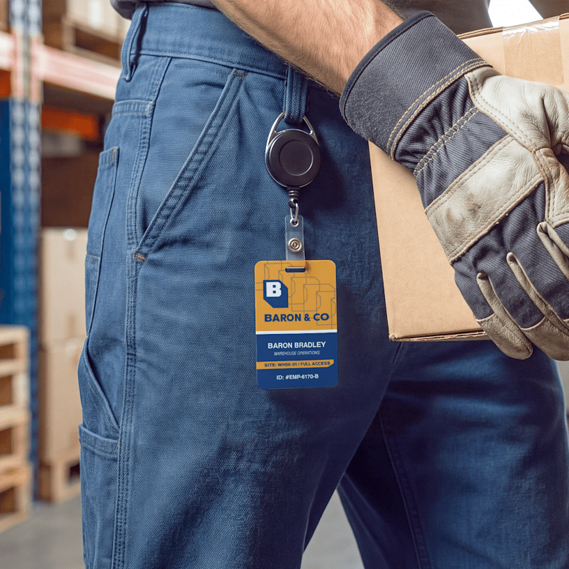 Branded ID badges for construction site identification, clipped to a blue work uniform with a retractable reel and belt clip.