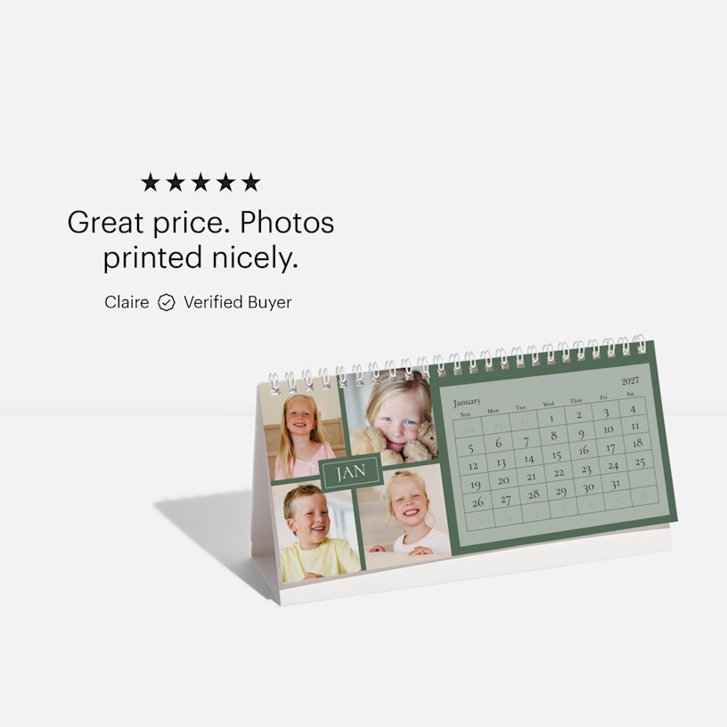 A custom desk calendar featuring photos of kids, plus a customer review: “Great price. The photos printed nicely.”