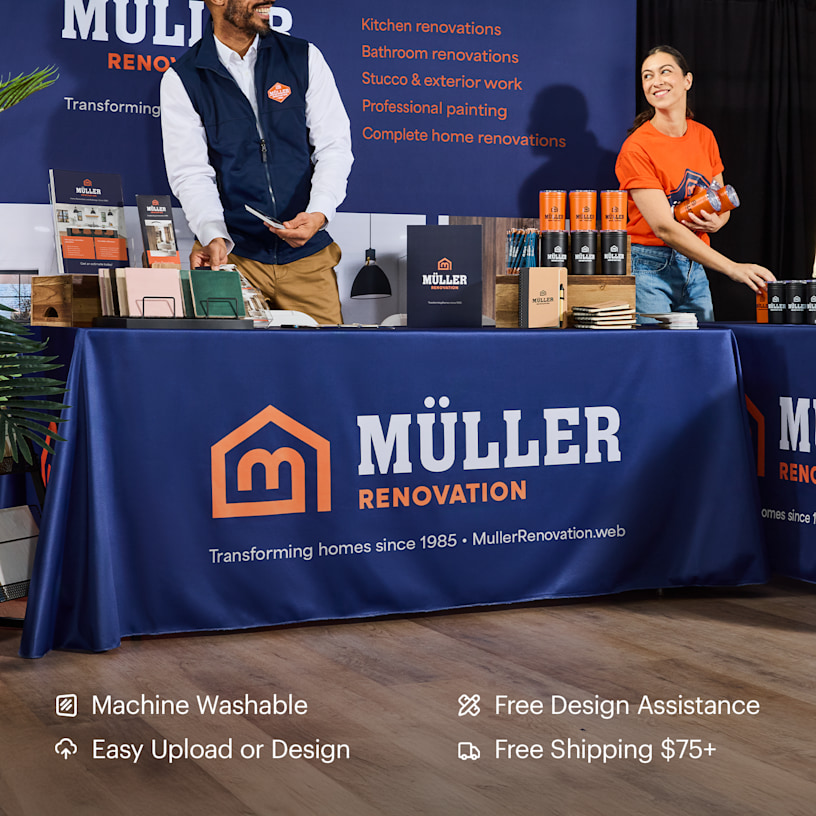 A custom tablecloth promoting a home renovation business. Highlighted benefits include machine washable, easy upload or design (with free assistance) and free shipping.