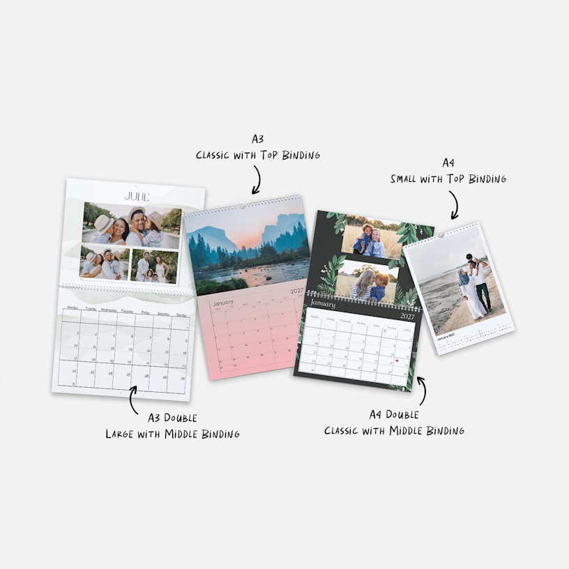 A variety of wall calendars with personalised photos, in a variety of sizes and designs. Notes highlight different size options. 