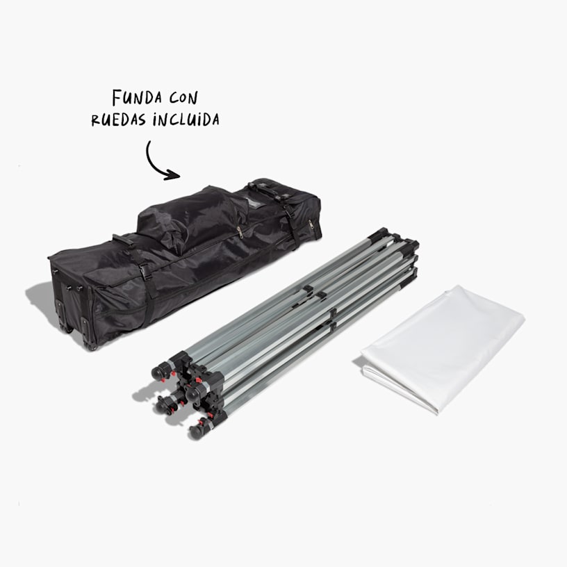 Todas las piezas para armar la carpa plegable.