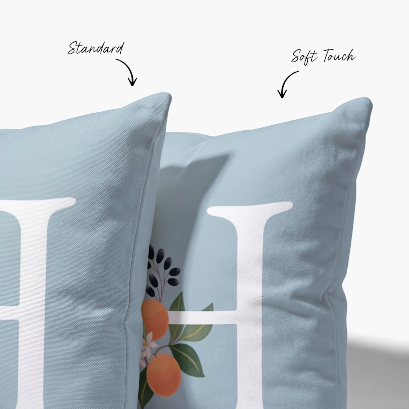 Woman holding a stack of custom printed cushions each featuring a different personalised photo on pillow design