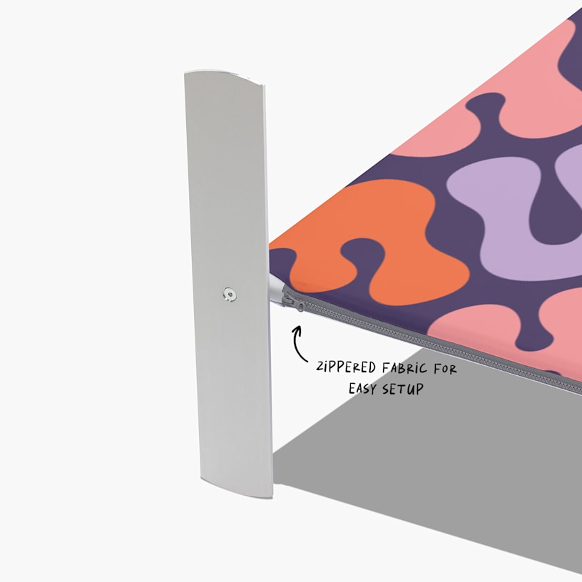 A closeup of the fabric display wall's corner and aluminium feet. An arrow points to the zippered fabric closure.