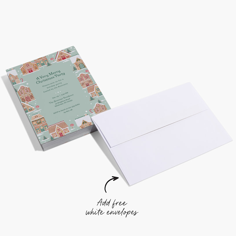 A holiday party invitation with a gingerbread motif and a white envelope, with a note that you can add free white envelopes. 